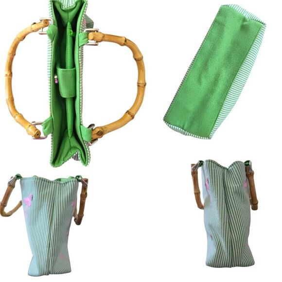 Flamingo Handbag with Bamboo Top Handle Green Pink White Women's - Picture 5 of 7